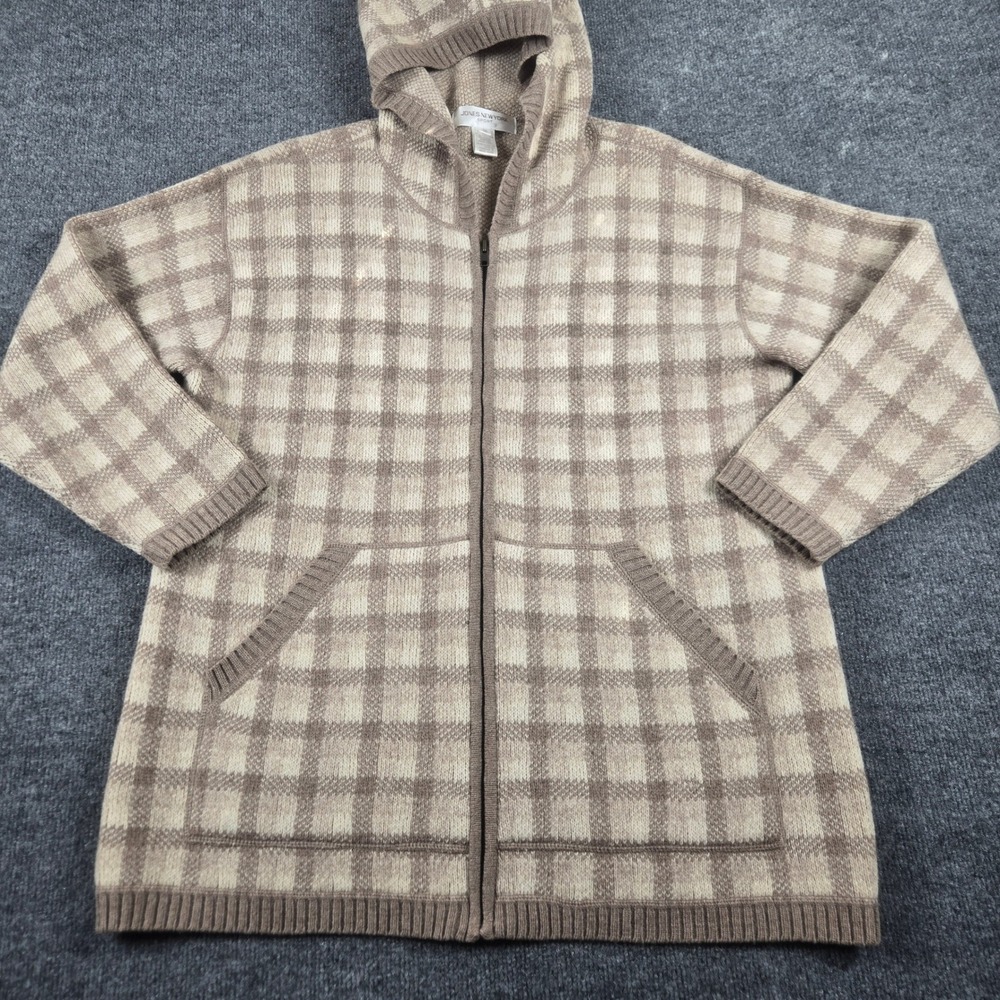 Jones New York Sport Hoodie Womens M Beige 100% LambsWool Plaid Sweater